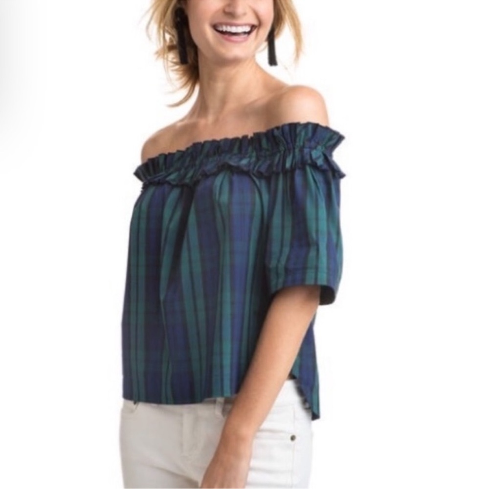 Vineyard Vines Off The Shoulder Blue Green Winter Plaid Blouse